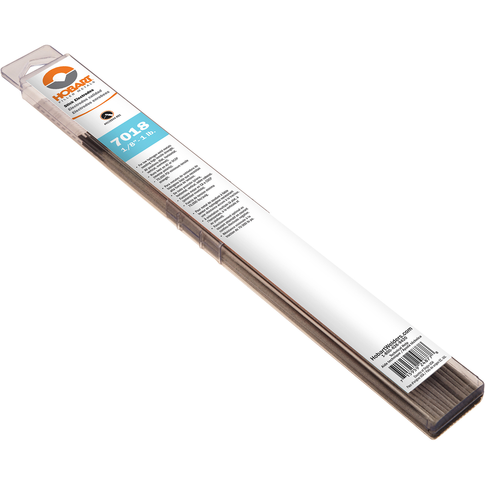 Hobart Filler Metals Stick Welding Electrodes, 7018, 1/8in. Dia. x 14in.L, 1-Lb. Pkg., Model# H119944-R01